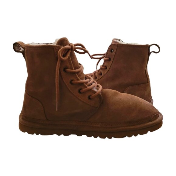 UGG Harkley Brown Boots Men's 8 Womens 10 Ankle Lace Up Suece Shearling Lined - Picture 1 of 10